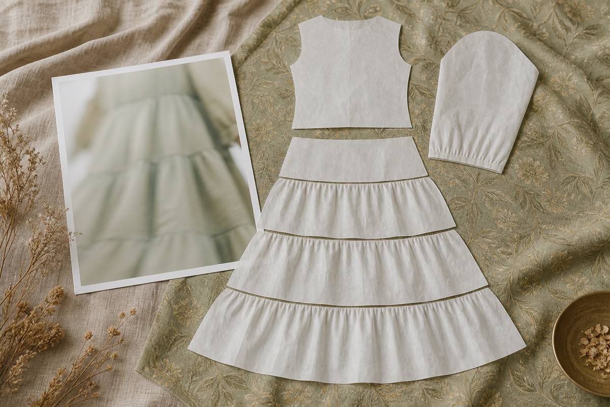 A reference photo of a tiered dress beside its pattern pieces laid out on the fabric