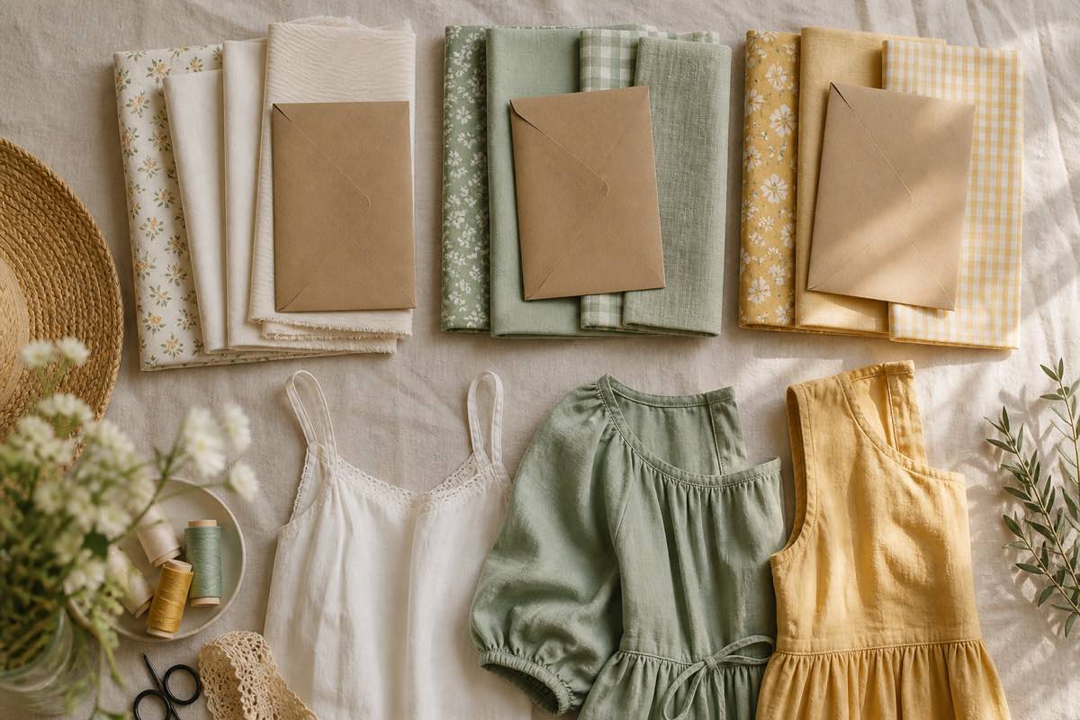 Planned summer sewing projects laid out as fabric stacks with pattern envelopes, beside finished garments