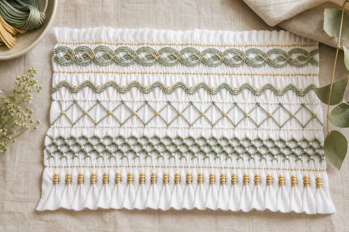 A smocking sampler worked in rows of cable, wave, diamond, honeycomb and bullion stitches