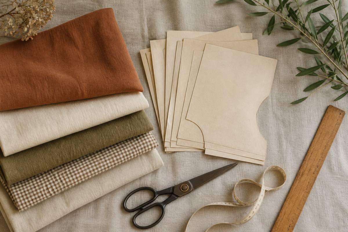 A stack of stash fabrics beside cut pattern pieces, scissors and a tape measure